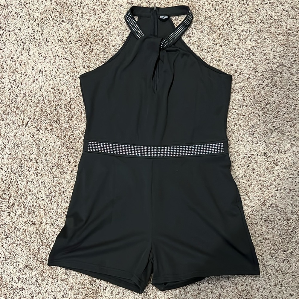 Black romper with rhinestone neck and waist